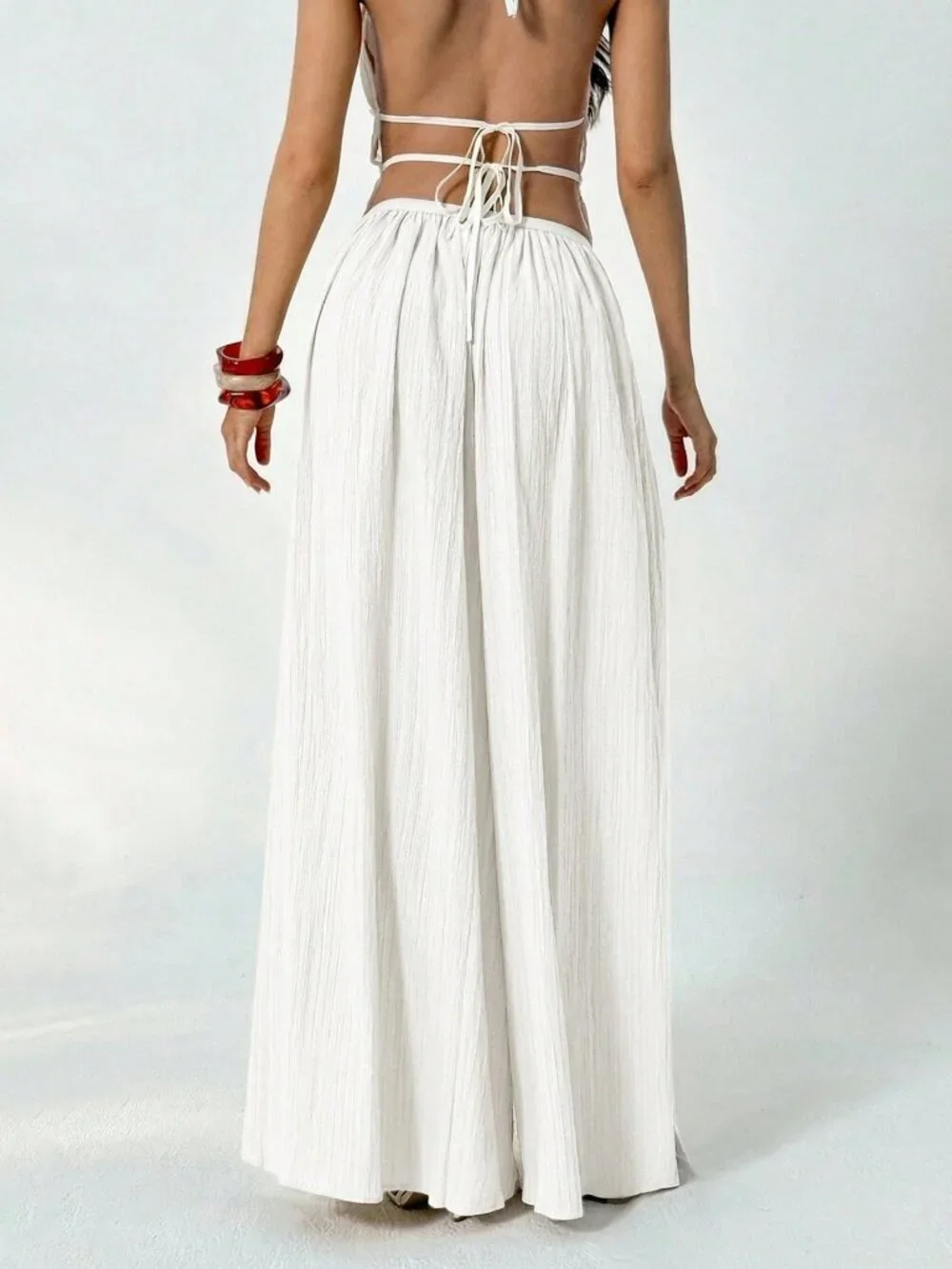 White Casual Women's Loose Textured Palazzo Pants